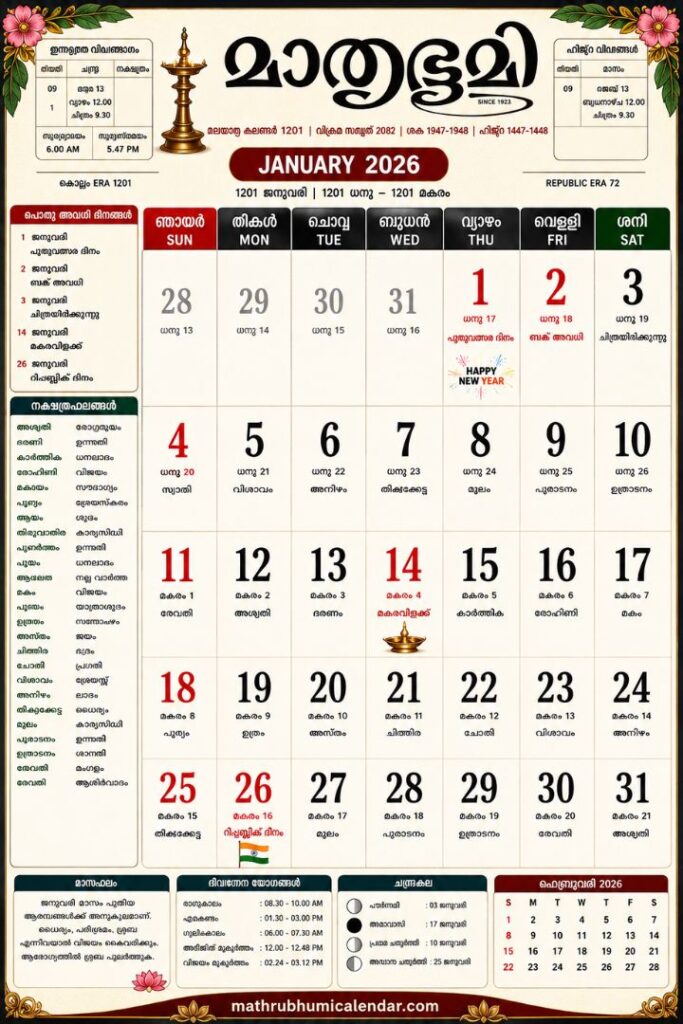 Malayalam Calendar 2026 January